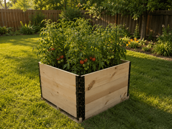 Früh 36x36 pallet collar raised garden bed with tomatoes