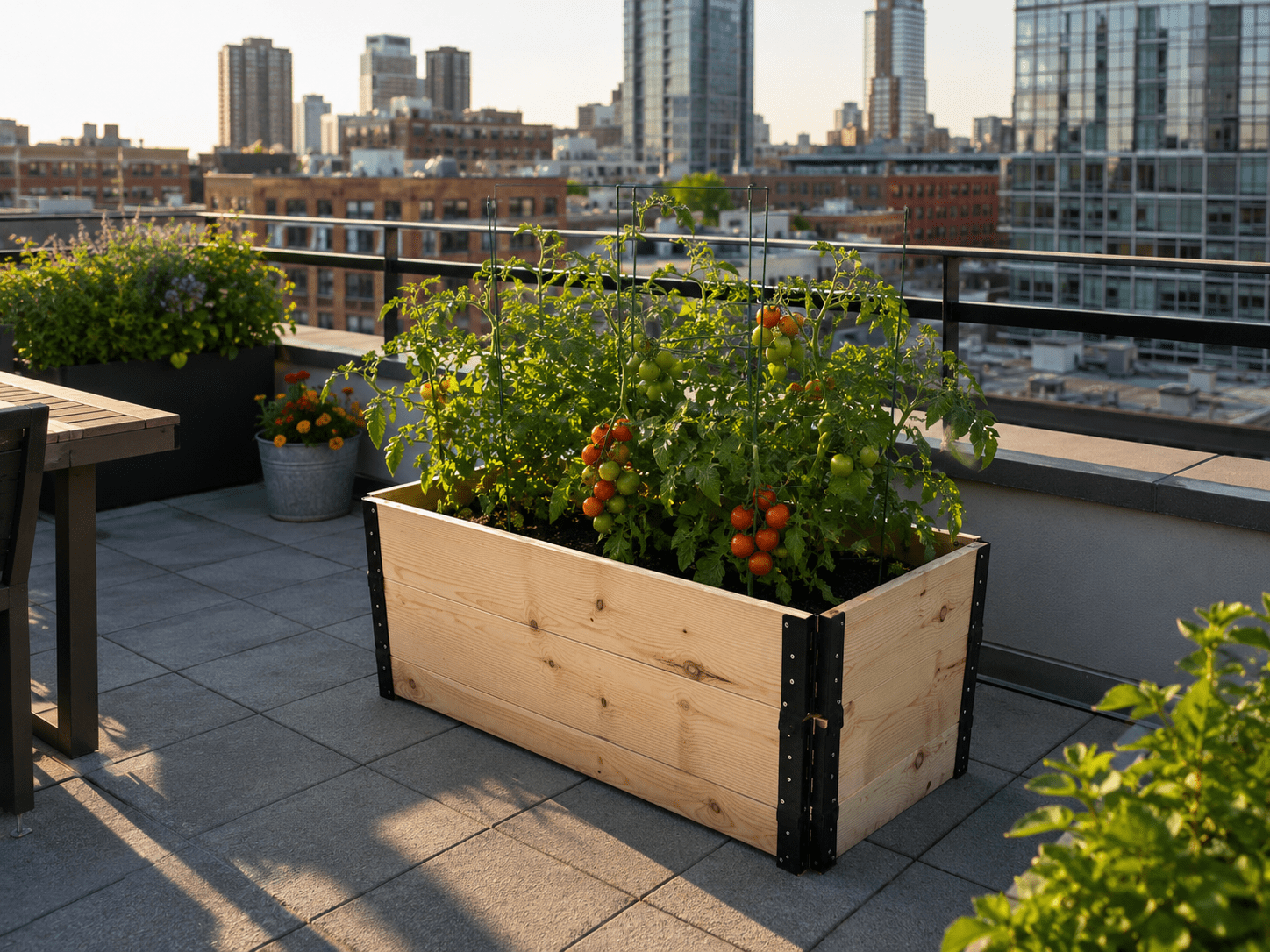 SharkCrates 48x18 pallet collar raised garden bed with tomatoes in an urban backyard